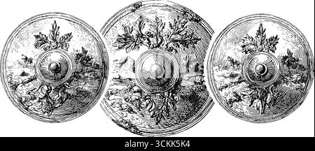 Gravur antike griechische Hoplit-Schilde - Set mit drei schwarz-weißen Illustrationen für historisches Design. Stock Vektor