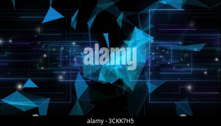 Schwebende blaue dreieckige Facetten bilden Netzwerkwege in dunkler Leere mit leuchtenden Knoten Stockfoto