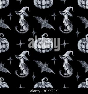 Nahtloser Hintergrund halloween Aquarell schwarze Katzen in Hexenhüten Fledermäuse Sterne lustige Kürbisse auf schwarzer Hand gezeichnet strukturiert Stockfoto