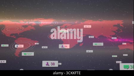 Anzeigen der Projektion der Weltkarte auf dem Dashboard mit konzentrischen Markierungen, Avatarsymbolen und Datenbeschriftungen Stockfoto