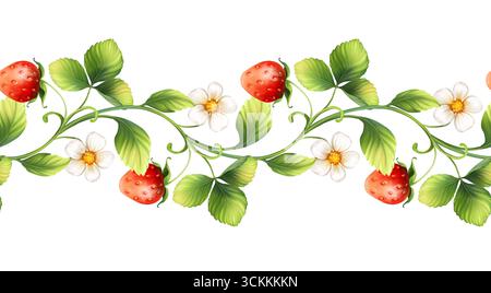 Nahtloser Rand für Erdbeeren. Grüne Blätter, rote Beeren und Blumen. Handgezeichnet. Stockfoto