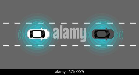 Smart Car mit Fernerkundung und Sensorsystem. Fahrerloses oder autonomes Auto auf der Straße. Vektorabbildung. Stock Vektor