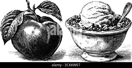 Vintage-gravierte Illustration von Pfirsich und Pfirsich Schuster Dessert mit Eis. Stock Vektor