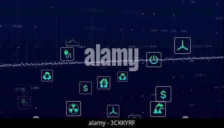 Anzeige der Wellenformlinie, die sich über das Daten-Dashboard erstreckt, mit grünen Energie-, Eco- und Finanzwesen-Symbolen Stockfoto