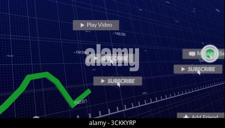 Anzeige von grünen Liniendiagrammlinien und Beschriftungen, überlagerte Wiedergabe- und Abonnierschaltflächen mit Cursorn Stockfoto