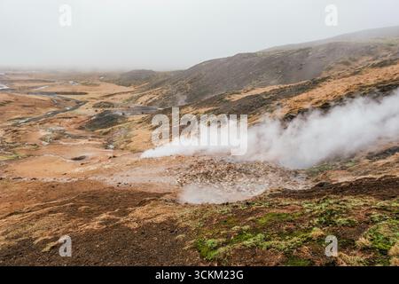 Aktives Geothermisches Gebiet In Island Mit Dampflöchern Und Heißen Quellen In Der Landschaft Des Golden Valley. Vulkanische Aktivität, Natürliches Heißes Wasser, Zerklüftete Hügel Stockfoto