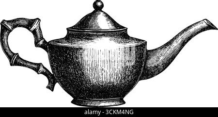 Vintage-Illustration einer Keramik-Teekanne mit Bambusgriff für Retro-Design. Stock Vektor