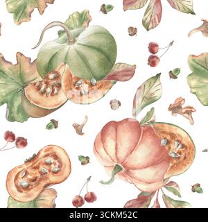 Verschiedene Kürbisse, wilde Äpfel, Pfifferlinge und Herbstblätter handgemalt Aquarellmuster nahtlos isoliert weiß. Rustikales Erntedesign in Stockfoto