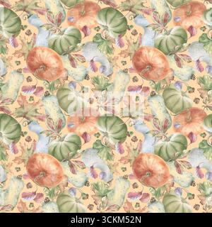 Vintage Aquarell nahtloses Herbstmuster isoliert auf Dunkelheit. Verschiedene Kürbisse und Blätter in neutralen Tönen, handbemalt. Das Design der Herbstpflanzen ist endlos Stockfoto