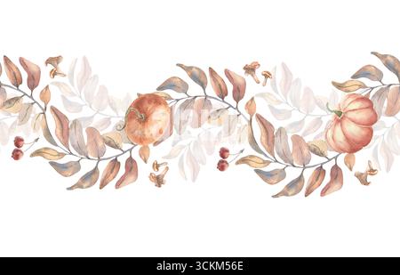 Herbstlaub mit Kürbissen Aquarell nahtlose Grenze isoliert. Zarte botanische wellige Äste wiederholen den Hintergrund in Pastelltönen. Verlässt mit Stockfoto