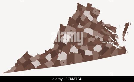 Karte von Virginia mit Countys. Nur eine einfache Grenzkarte mit Bezirksverteilung. Braune Farbpalette. Stock Vektor