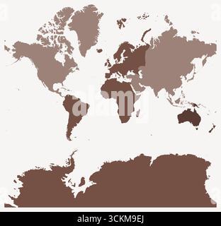 Weltkarte. Nur eine einfache Grenzkarte mit Kontinentalteilung. Braune Farbpalette. Leere Zuordnung mit administrativem Geschäftsbereich. Vektorabbildung. Stock Vektor