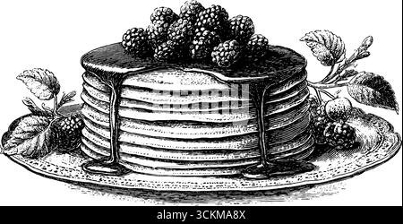 Vintage-gravierte Illustration von gestapelten Pfannkuchen mit Beeren für Retro-Design. Stock Vektor