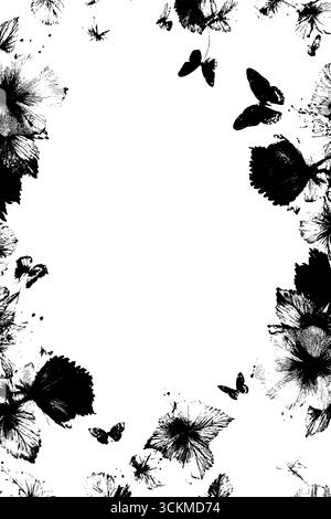 Abstrakter schwarz-weißer Hintergrund mit Schmetterlingen und Blumen für Designprojekte. Stock Vektor