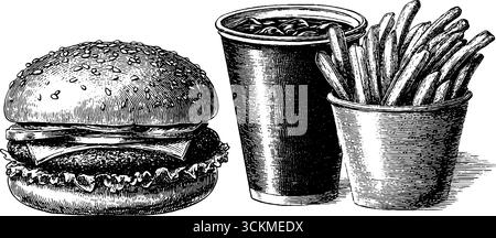 Gravierte Fast-Food-Kunst mit Burger-Pommes und Drinks für die Menügestaltung. Stock Vektor