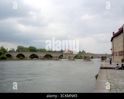Besucher bewundern die atemberaubende Steinbrücke in Regensburg, die anmutig die Donau überspannt. Der bewölkte Himmel verleiht diesem Histo eine einzigartige Atmosphäre Stockfoto