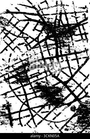 Chaotisches Stadtplan-Design in Schwarz-weiß für künstlerische Überlagerungen und Hintergrundanwendungen. Stock Vektor