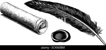 Vintage-Rolle und Wachssiegel mit Federfedergravur für historische Designs. Stock Vektor
