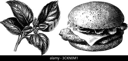 Gravierte Illustrationsset aus Hühnchen-Parmesan-Sandwich und Basilikumblättern für kulinarische Designs. Stock Vektor