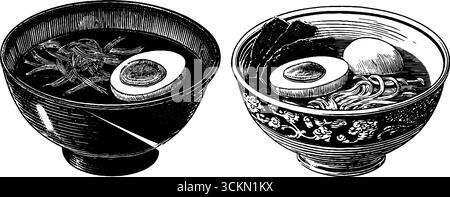 Gravierte Illustrationen mit Ramen-Schüsseln mit gekochten Eiern für kulinarische Kunst. Stock Vektor