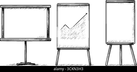 Gravierte Illustrationen mit Präsentationsbildschirmen für Geschäftskonzepte und Datenvisualisierung. Stock Vektor