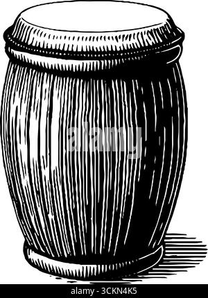 Aufwändige Gravur einer auffälligen Conga-Trommel mit schwarzen Linien. Stock Vektor