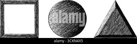 Minimalistisches, graviertes Illustrationsset mit Quadrat-, Kreis- und Dreiecksmotiven. Stock Vektor