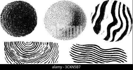 Abstrakt gravierte Illustrationsset mit Punkten und zackigen Mustern für künstlerisches Design. Stock Vektor