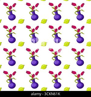 Blaue Vase mit drei roten Tulpen und reifer Zitrone. Nahtloses Muster. Vektorabbildung. Stock Vektor