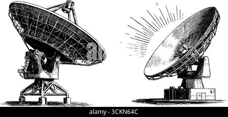 Vintage-gravierte Illustrationen von Radioteleskopschalen für wissenschaftliche Designprojekte. Stock Vektor
