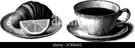 Vintage-Illustration Set aus madeleine und Zitrone mit eleganter Teetasse. Stock Vektor
