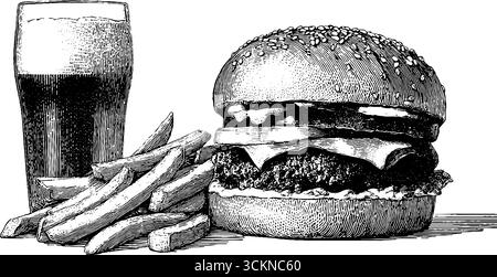 Klassische gravierte Illustration von Burger, Bier und Pommes für kulinarische Designprojekte. Stock Vektor