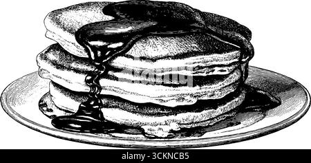 Klassische, gravierte Pfannkuchen mit Ahornsirup für Inspiration und Design zum Frühstück. Stock Vektor