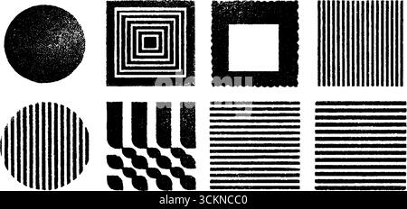 Graviertes geometrisches Illustrationsset mit Quadraten und Kreisen für grafisches Design. Stock Vektor