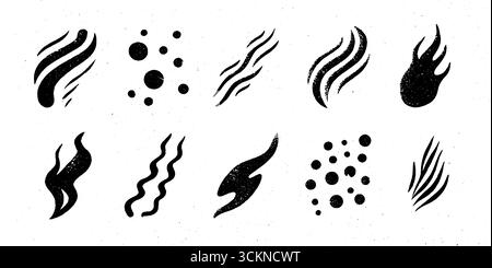 Abstraktes Illustrationsset mit graviertem Motiv, verdrehten Punkten und sprudelnden Kurven für ein grafisches Design. Stock Vektor