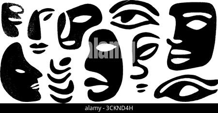 Abstraktes Porträtset mit graviertem Ausschnitt und auffälligen Gesichtselementen für kreatives Design. Stock Vektor