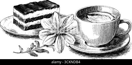 Gravierte Illustration von Tiramisu und Cappuccino mit floralem Akzent. Stock Vektor