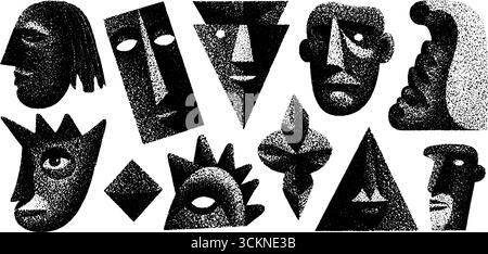 Abstraktes, graviertes Illustrationsset mit zufälligen geometrischen Flächen und Formen. Stock Vektor