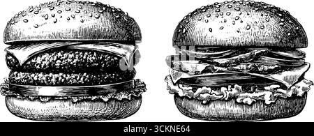 Detaillierte, gravierte Illustrationen mit klassischen Hamburgern für Menü- und Designzwecke. Stock Vektor