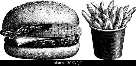 Vintage-gravierte Illustration eines klassischen Burger- und Pommes-Set. Stock Vektor