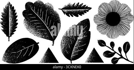 Set mit gravierten botanischen Illustrationen mit einfachen Blättern und abstrakten Formen. Stock Vektor