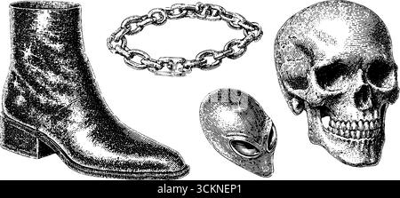 Gravierte Kunstkollektion mit Chrom-Schädel, Alien-Kopf, Kette und Stiefeldesign. Stock Vektor