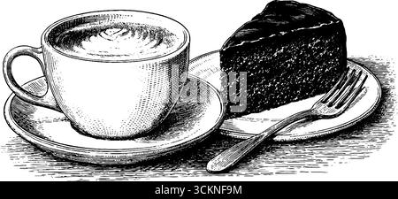 Klassische Dessertpaarung: Schokoladenkuchen und Cappuccino-Gravur. Stock Vektor