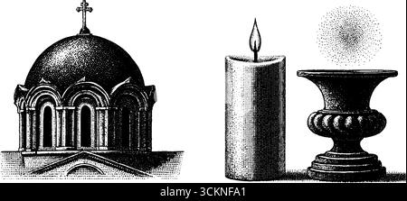 Orthodoxe griechische Ikonensätze mit eingravierter Kirchenkuppel, Kerze und Kelch. Stock Vektor