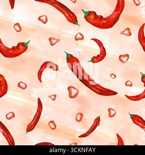 Roter, heißer Pfeffer. Nahtloses Muster von Aquarellabbildungen auf einem Hintergrund von Aquarellflecken. Zum Design von Postkarten, Rezepten, Drucken Stockfoto