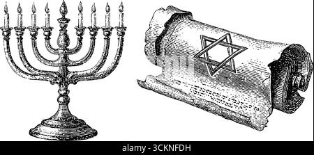 Gravierte Illustrationen mit jüdischer Menora und Sternrolle für das hanukkah-Design. Stock Vektor