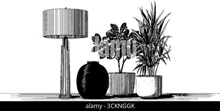 Graviertes Illustrationsset mit brutalistischem Metallrahmen und modernem Pflanzenanordnung im Innenbereich. Stock Vektor