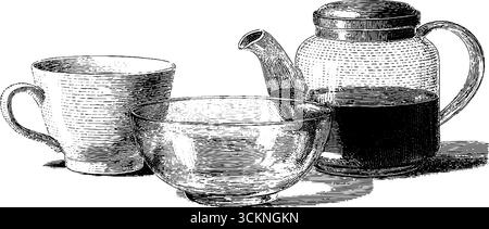 Gravierte skandinavische Tischgeschirr-Illustration mit Teekanne und Schüssel. Stock Vektor