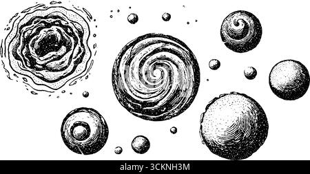Aufwändige gravierte, sich drehende Wellen und kreisförmige Designs für künstlerische Projekte. Stock Vektor