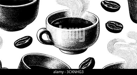 Nahtloses Muster aus graviertem Kaffeetasse und Bohnen für die Einrichtung im Café. Stock Vektor